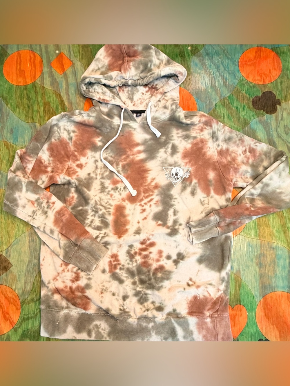 WXYZ Mens Tie-Dye Pullover Hoodie Size S Beige Brown Gray Logo Pullover Long Sle